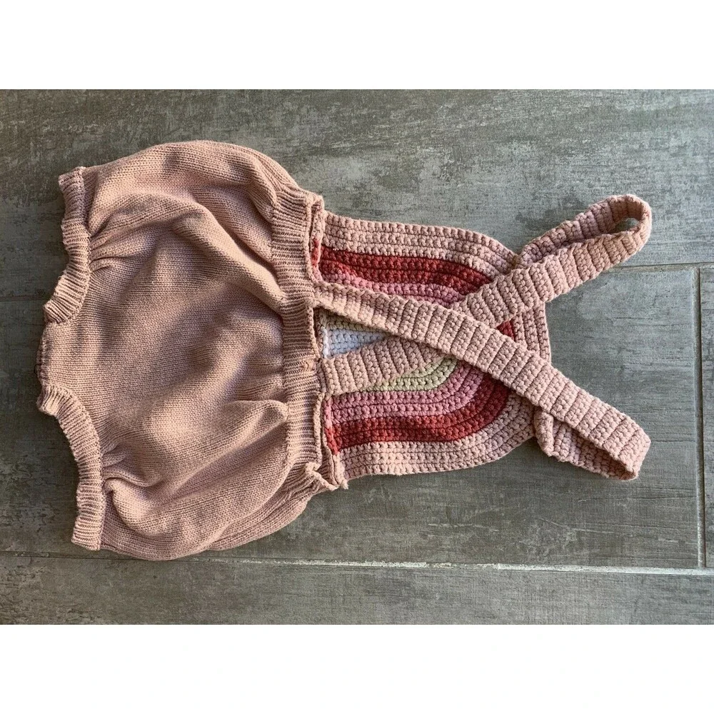 Los Angeles Boutique Knit Sweater Crochet Rainbow Bubble Romper Outfit 6-12m